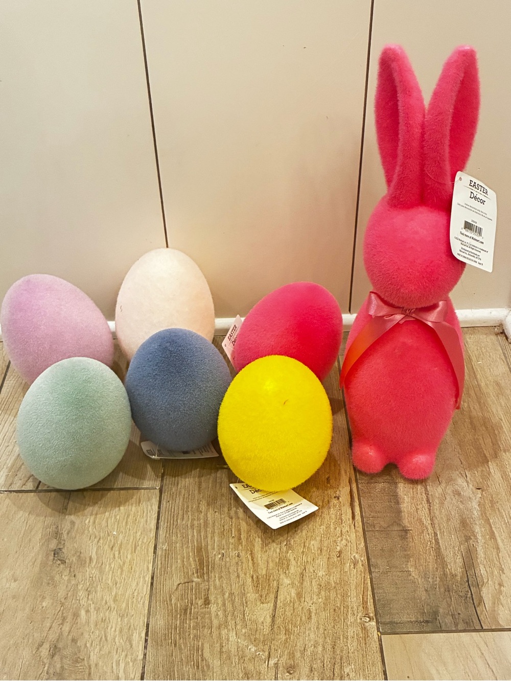 Easter Bunny and Flocked Decorative Eggs Set - Pink Bunny with Multicolor Eggs